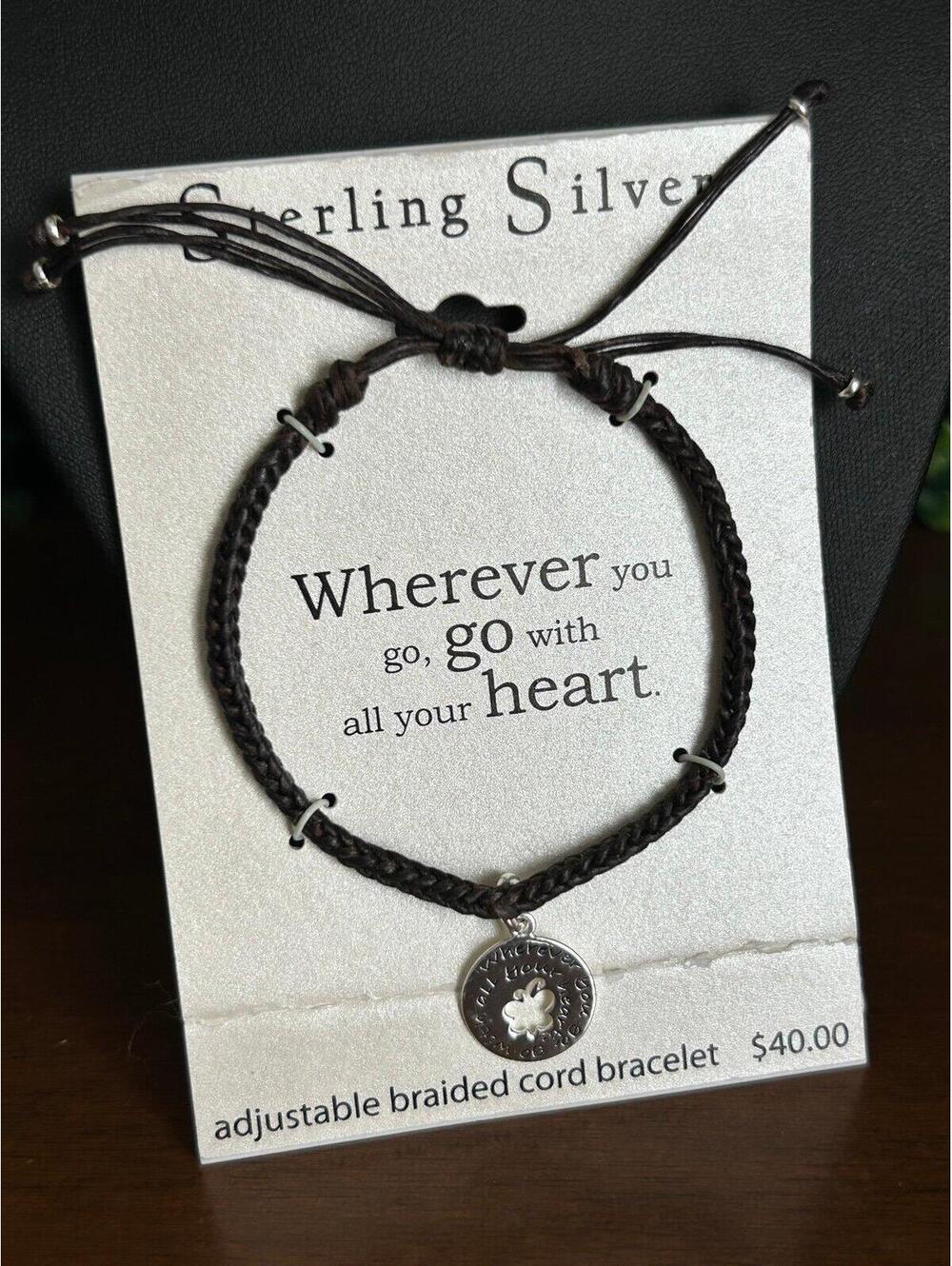 Sterling Silver Quote Charm Bracelet Adjustable Braided Cord Gift